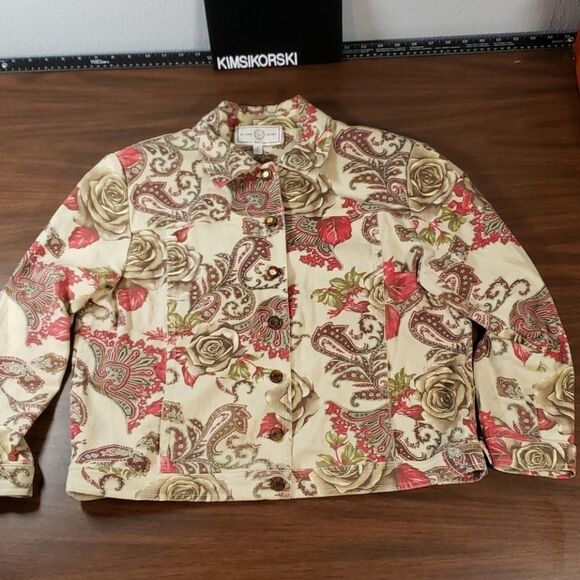 St. John Tan Denim Jacket‎ with Roses Paisley M - Picture 1 of 12